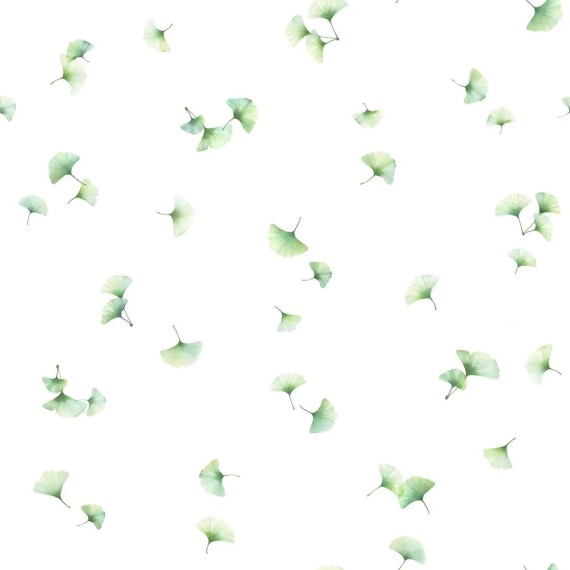 Aiko: foglie di ginkgo in verde su satin bianco firmato Schlossberg