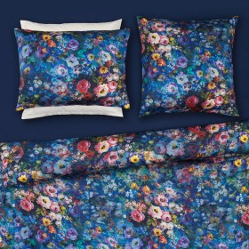 Christian Fischbacher Florence linge de lit bleu foncé en satin avec des fleurs