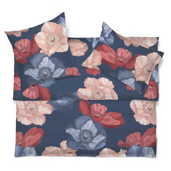 Linge de lit Schlossberg Mona en satin – fleurs sur fond bleu